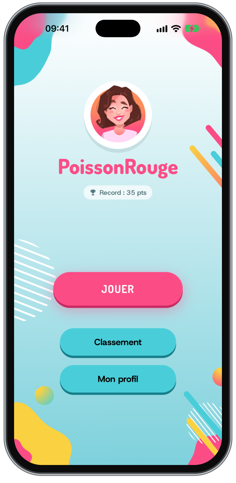L’écran d’accueil de Quiz Challenge : l’avatar, le pseudo, le record et le bouton Jouer