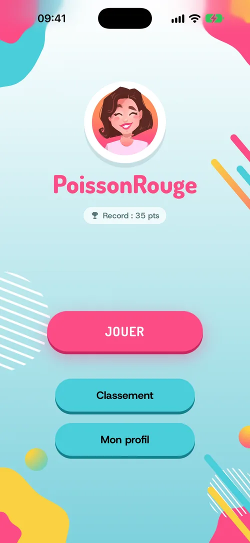 Écran d’accueil : l’avatar du joueur, son record et le bouton Jouer